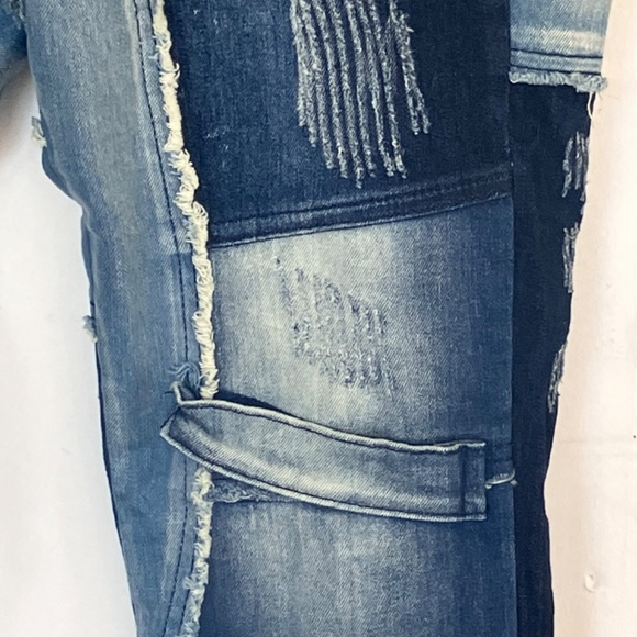 Denim splice streetwear patchwork skinny unisex jeans - Picture 4 of 9